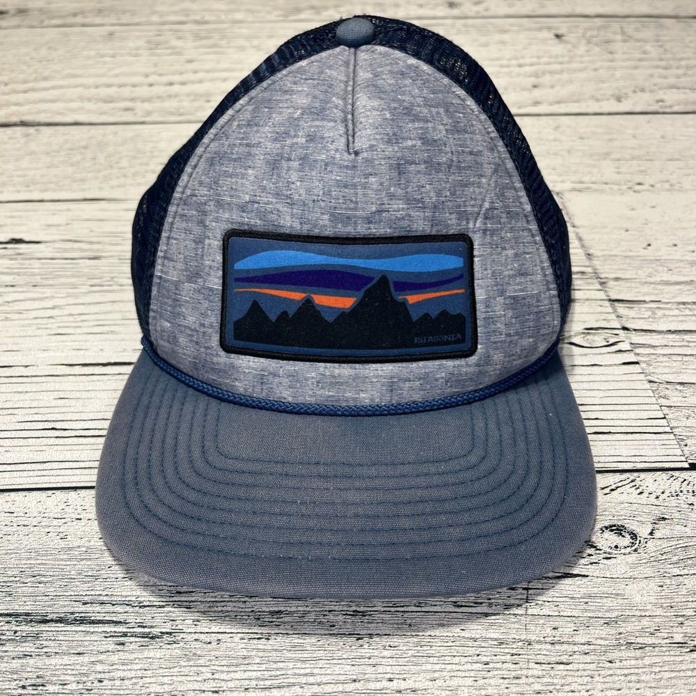 Patagonia Trucker Hat Blue Heathered Cap with Sunset Landscape Patch